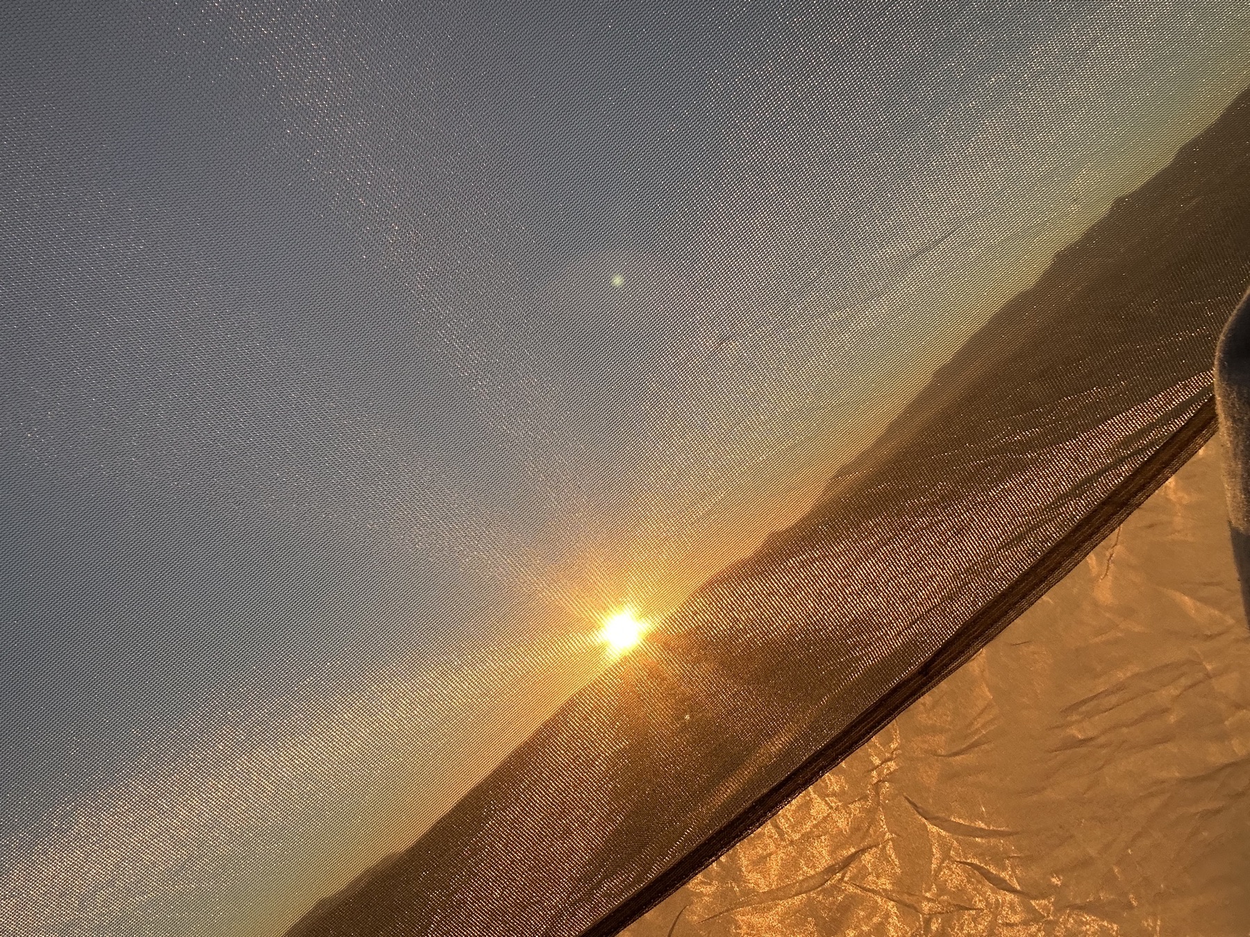 Waking up to sunrise through the tent mesh